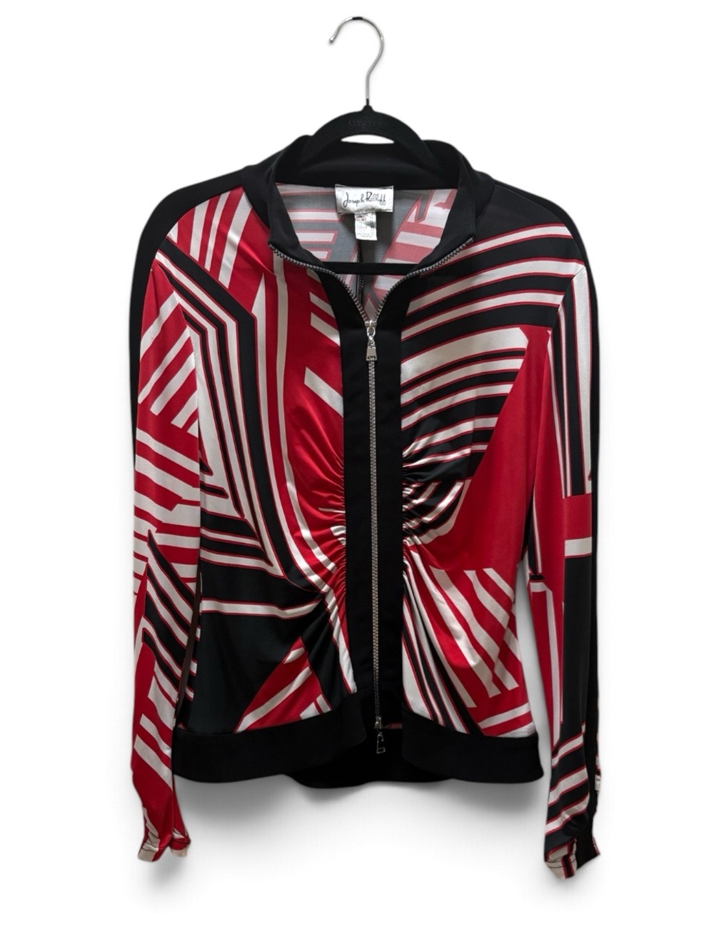 Joseph Ribkoff Abstract Geometric Print Zip-Up Jacket Top in Red, Black & White